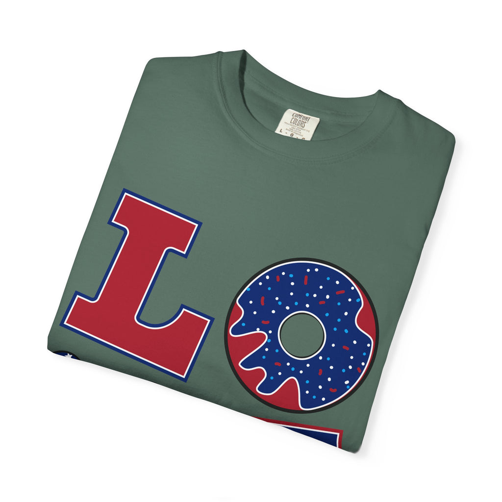 Patriotic 'LOVE' Tee — USA Flag Donut & Flip-Flop Design (Back 'Peace Merica')