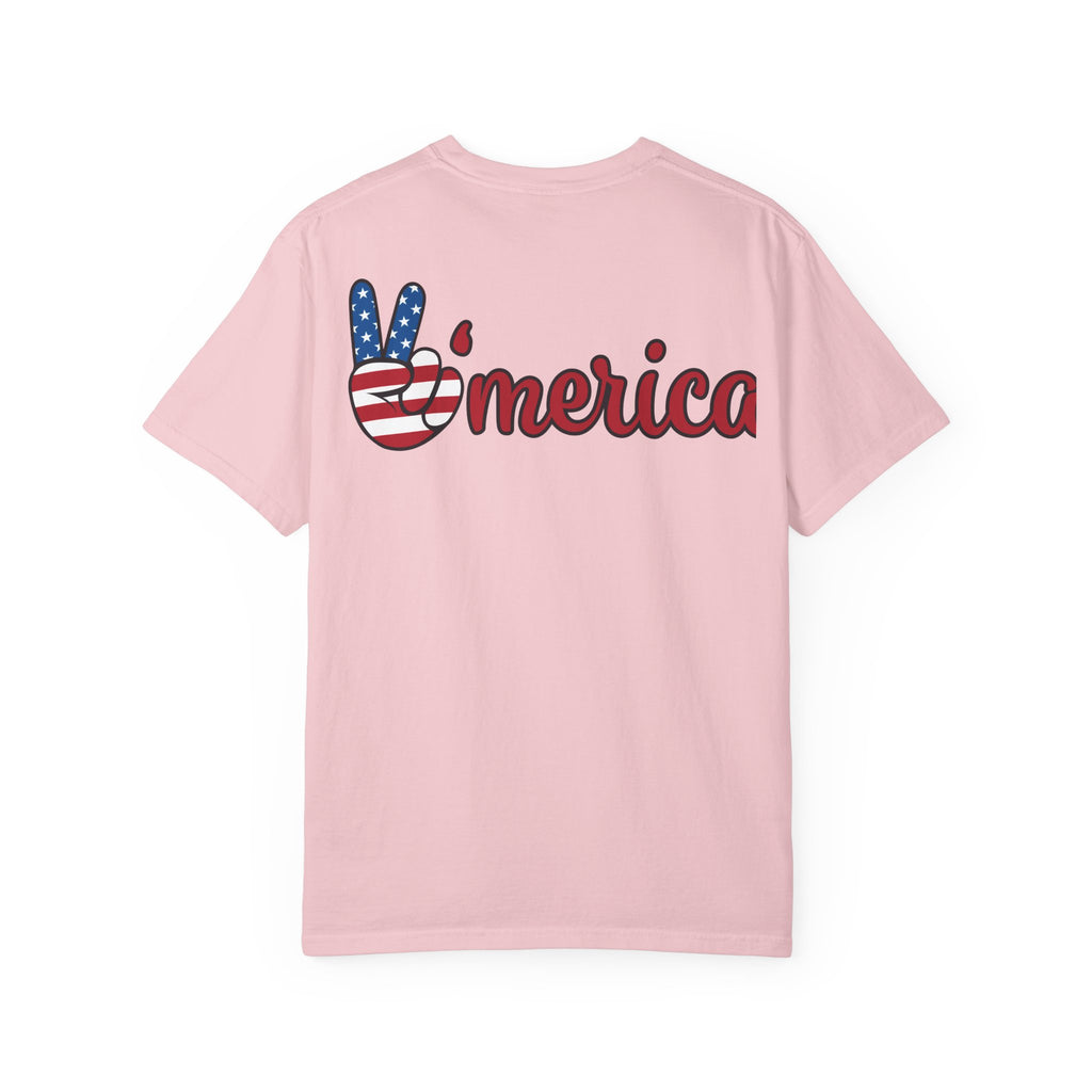 Patriotic 'LOVE' Tee — USA Flag Donut & Flip-Flop Design (Back 'Peace Merica')