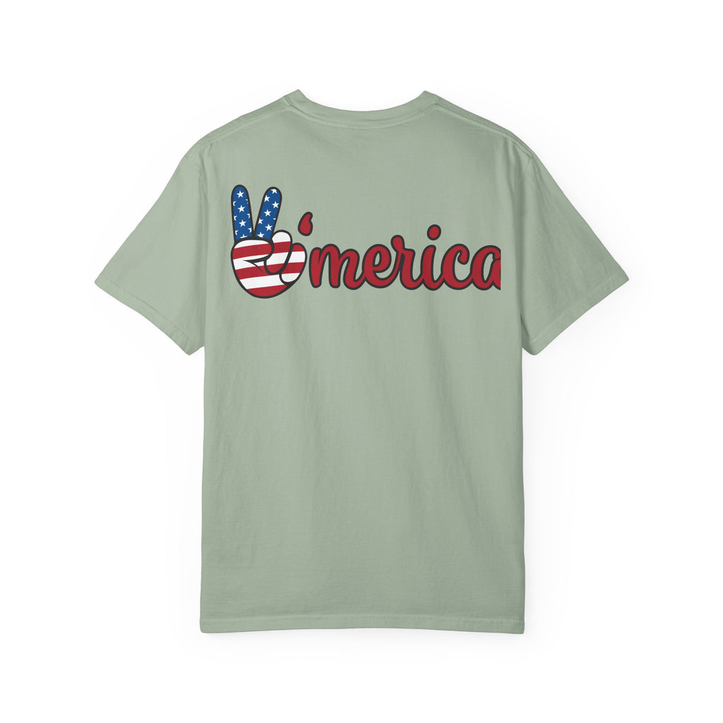 Patriotic 'LOVE' Tee — USA Flag Donut & Flip-Flop Design (Back 'Peace Merica')