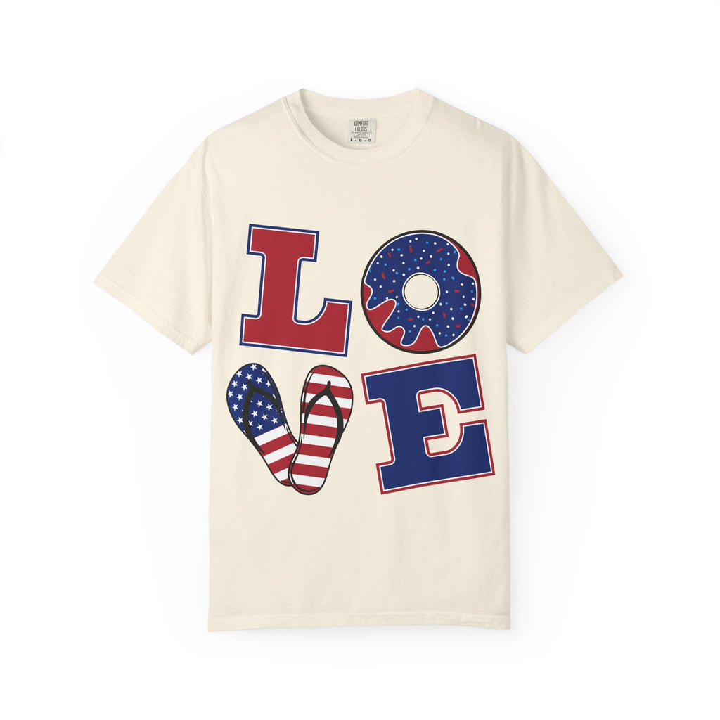 Patriotic 'LOVE' Tee — USA Flag Donut & Flip-Flop Design (Back 'Peace Merica')