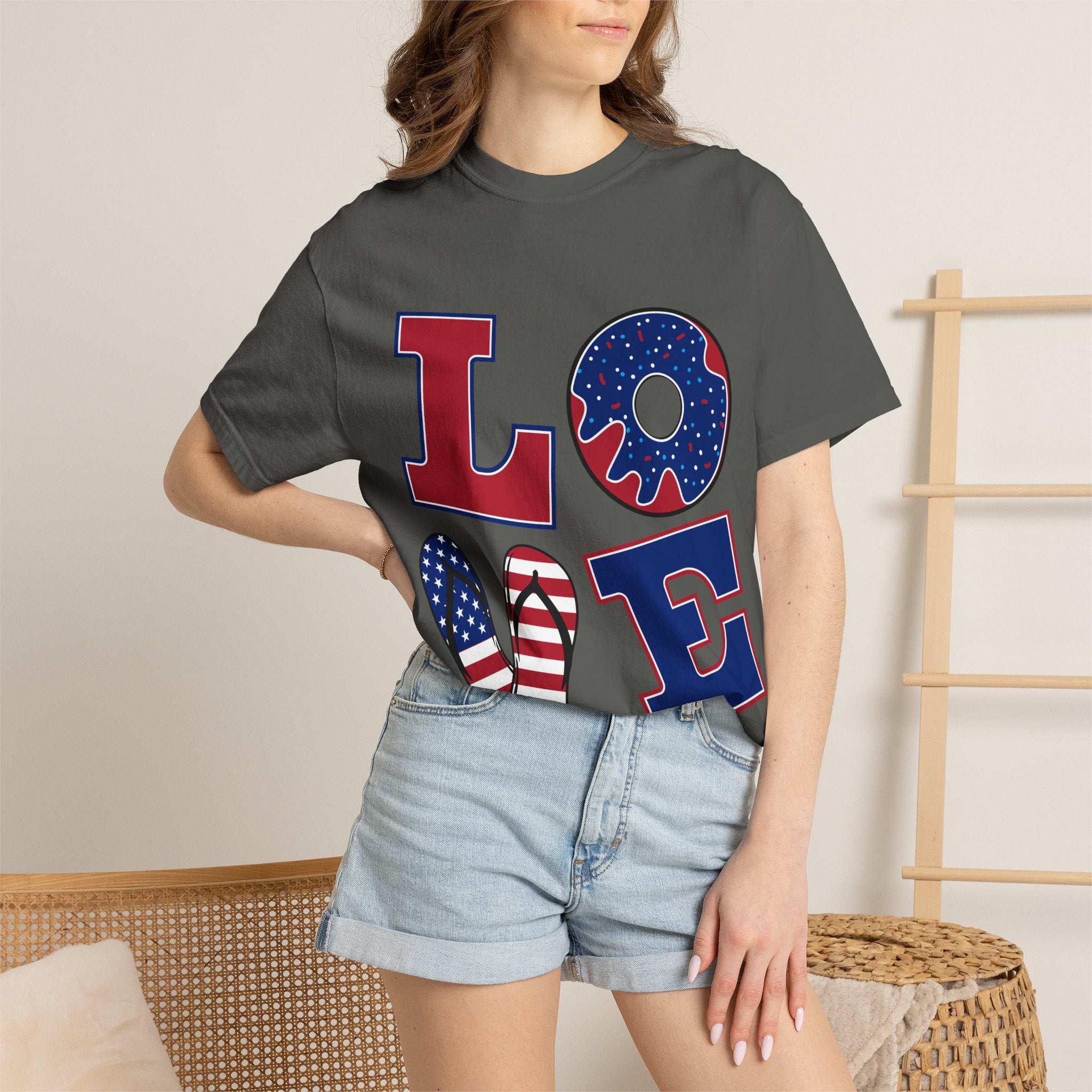 Patriotic 'LOVE' Tee — USA Flag Donut & Flip-Flop Design (Back 'Peace Merica')