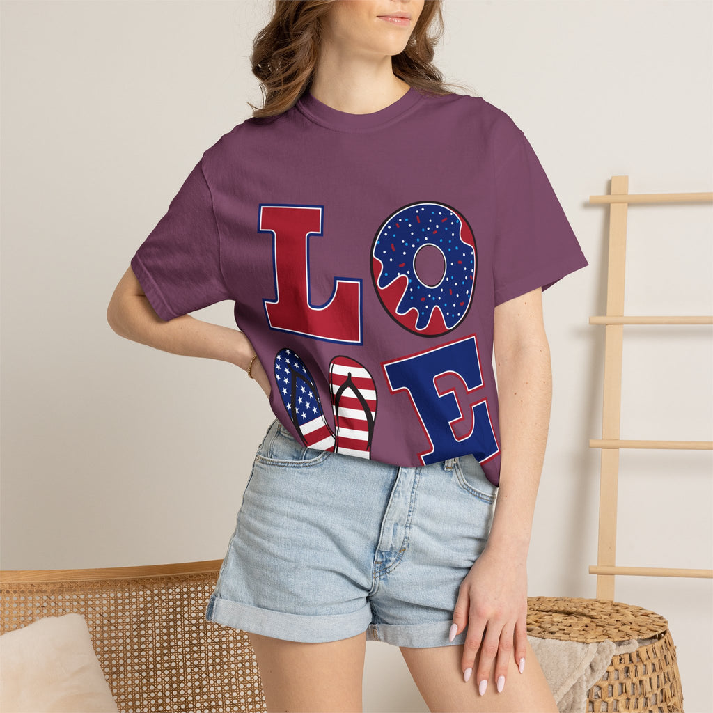 Patriotic 'LOVE' Tee — USA Flag Donut & Flip-Flop Design (Back 'Peace Merica')