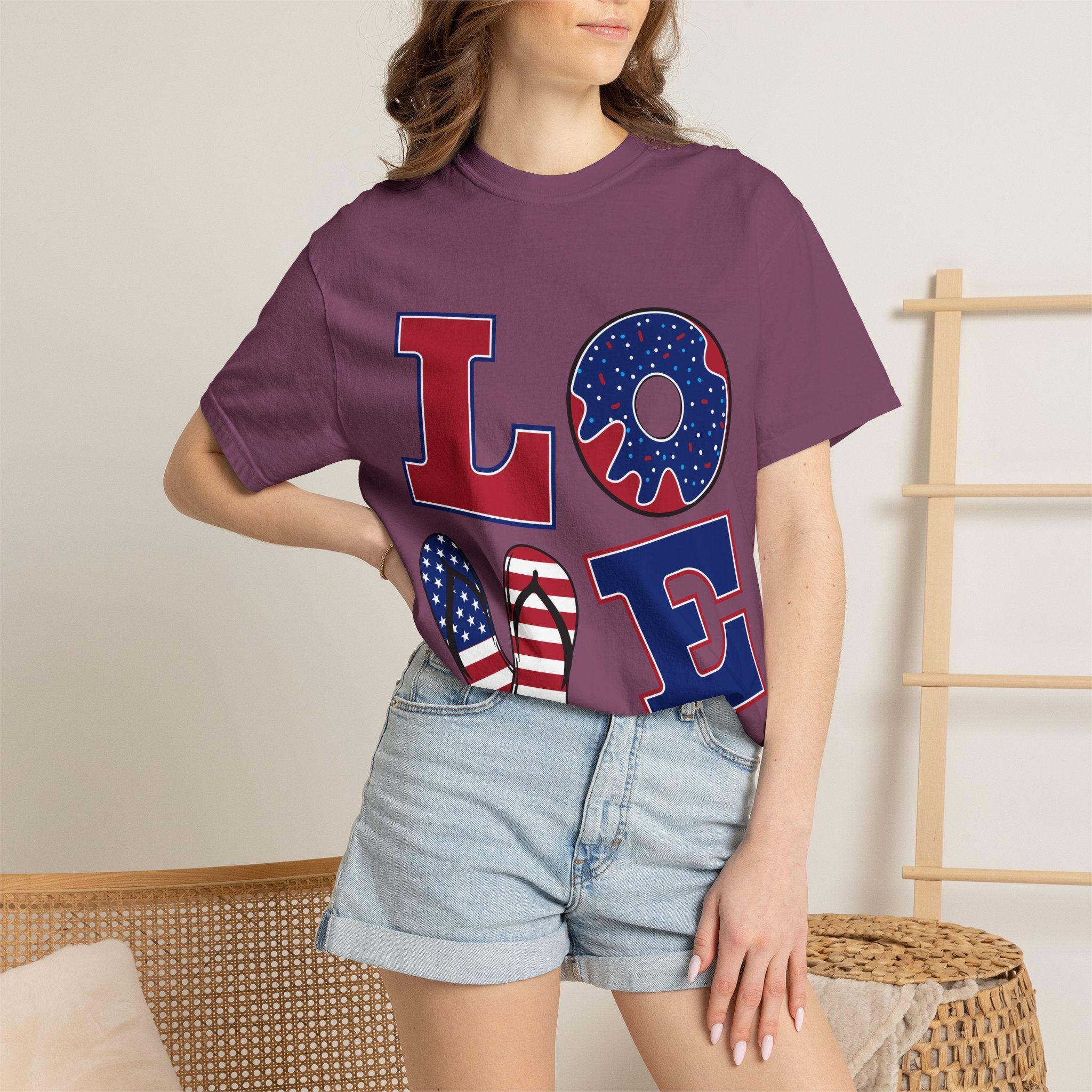 Patriotic 'LOVE' Tee — USA Flag Donut & Flip-Flop Design (Back 'Peace Merica')