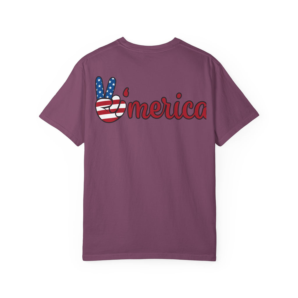 Patriotic 'LOVE' Tee — USA Flag Donut & Flip-Flop Design (Back 'Peace Merica')