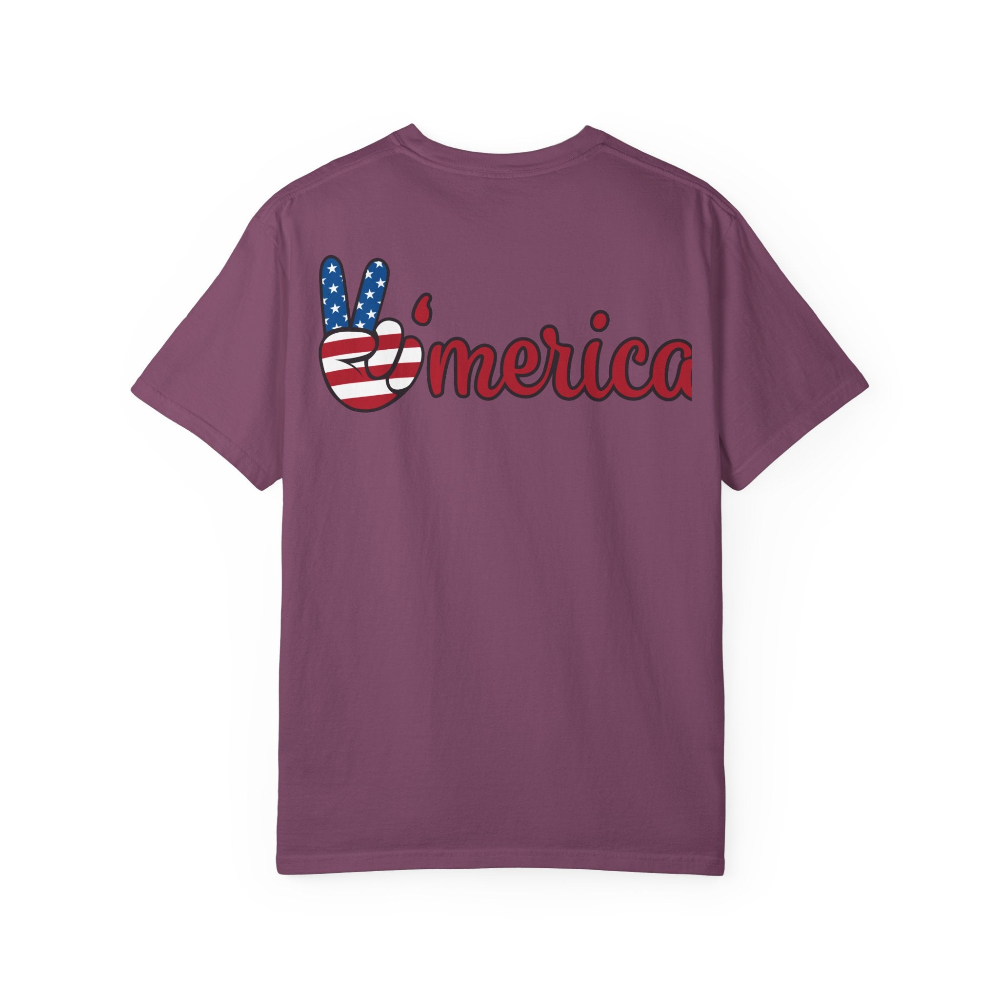 Patriotic 'LOVE' Tee — USA Flag Donut & Flip-Flop Design (Back 'Peace Merica')