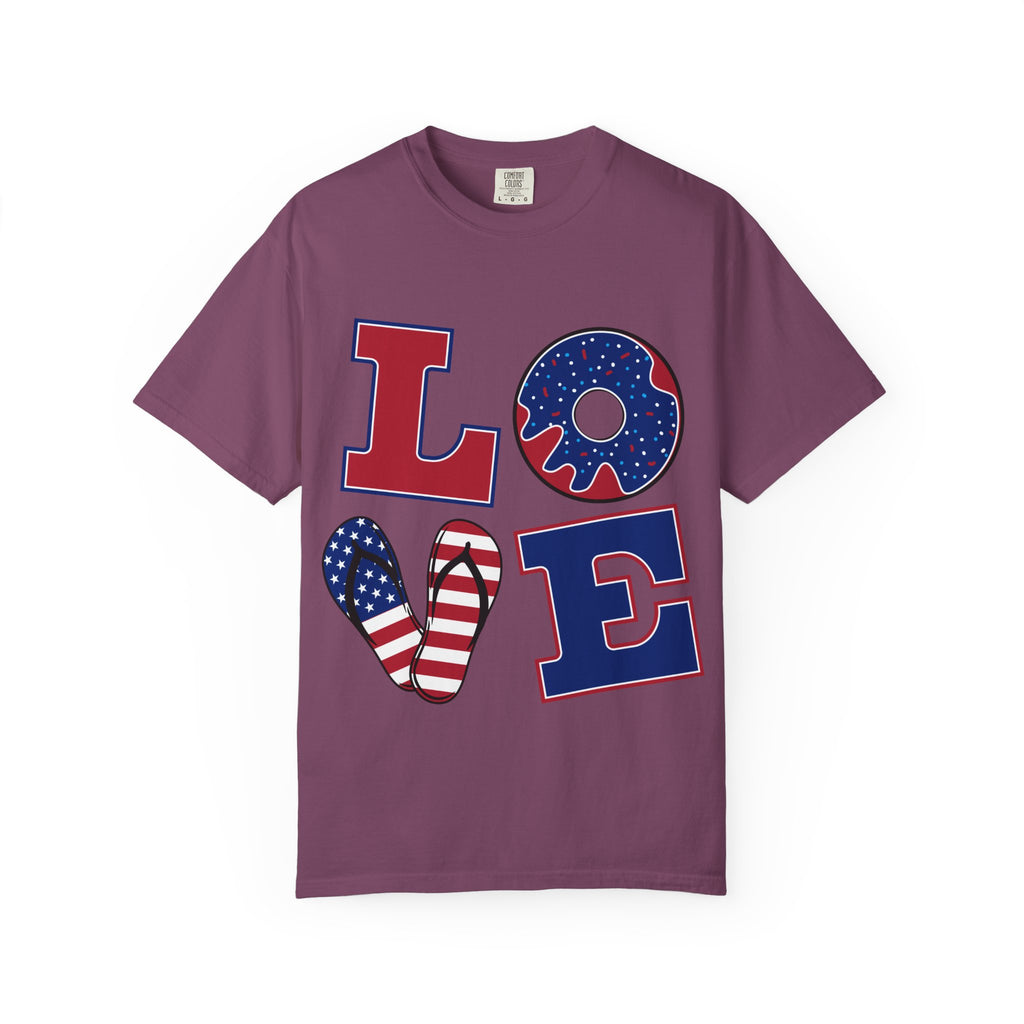 Patriotic 'LOVE' Tee — USA Flag Donut & Flip-Flop Design (Back 'Peace Merica')