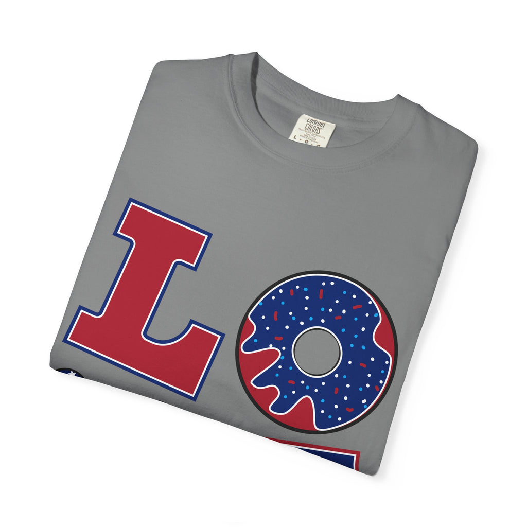 Patriotic 'LOVE' Tee — USA Flag Donut & Flip-Flop Design (Back 'Peace Merica')