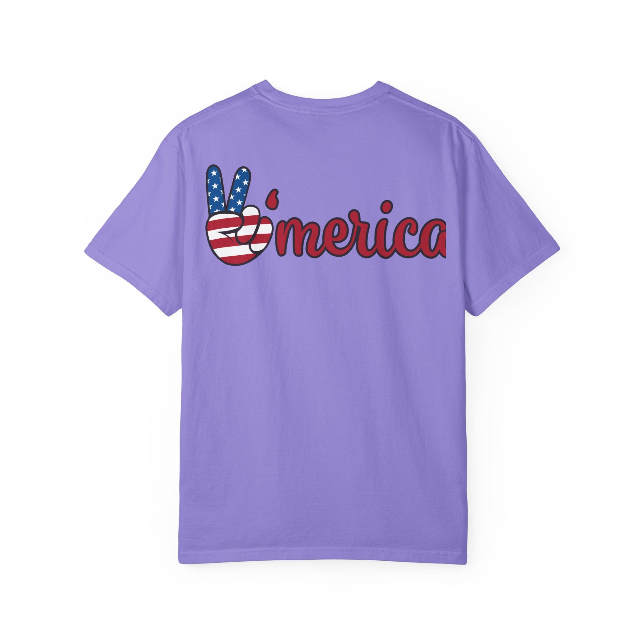 Patriotic 'LOVE' Tee — USA Flag Donut & Flip-Flop Design (Back 'Peace Merica')