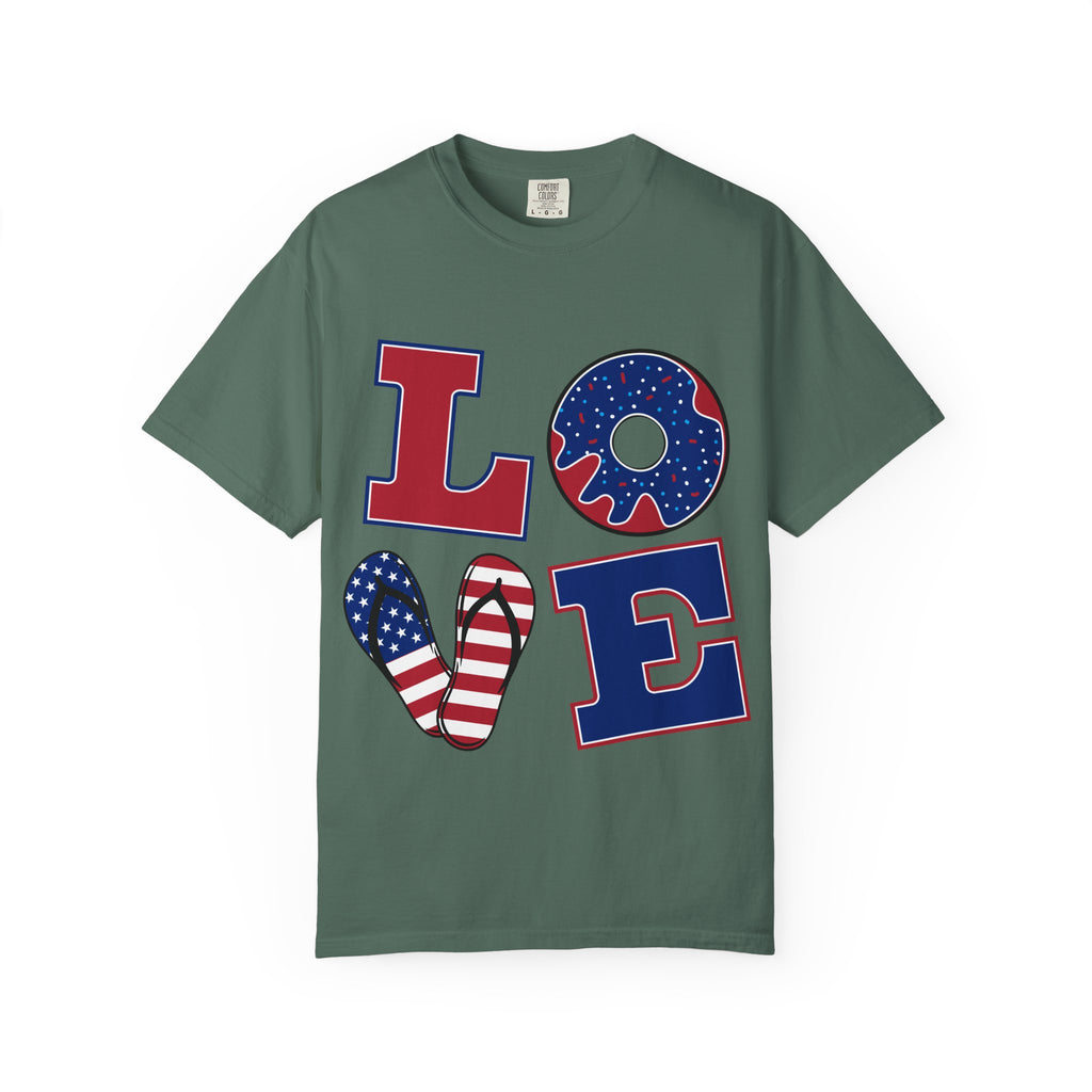 Patriotic 'LOVE' Tee — USA Flag Donut & Flip-Flop Design (Back 'Peace Merica')