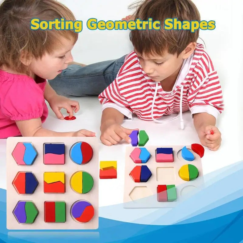Wooden Geometric Shapes Montessori Puzzle Sorting Math Bricks