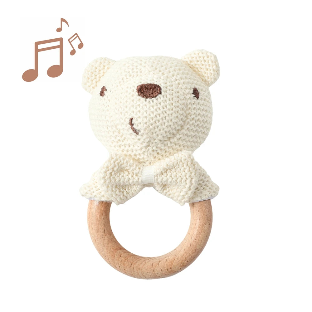 Baby Rattle Toy Bear Crochet Animal Toy Cartoon Wooden Teether Baby