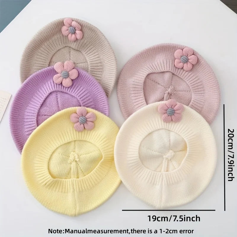 Flower Baby Beret Hat Winter Warm Knitted Beanie Cap for Infant Girls
