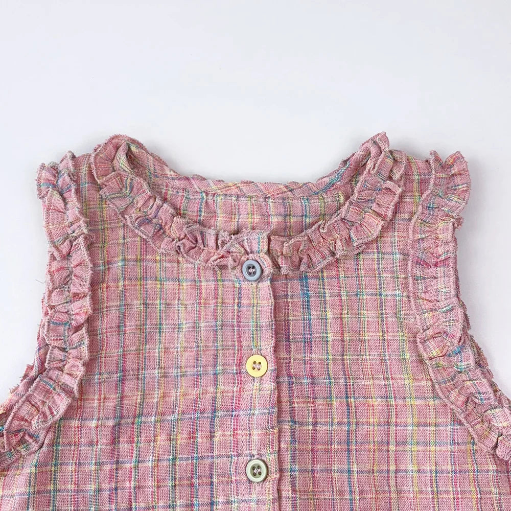 Pink Girl's Summer Two-piece Set with Single Breasted Sleeveless Top