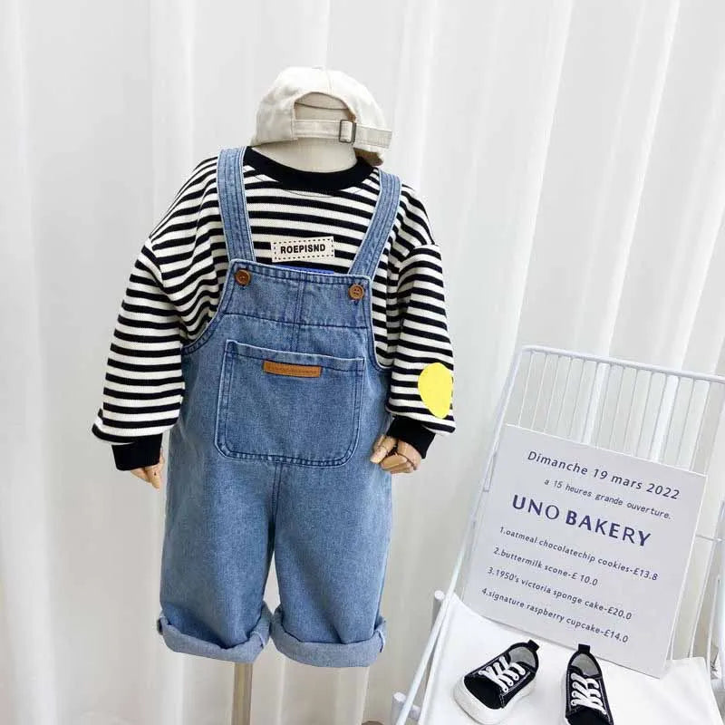 Boys Backpack Pants Children's Solid Color Denim Jumpsuit Spring Autumn