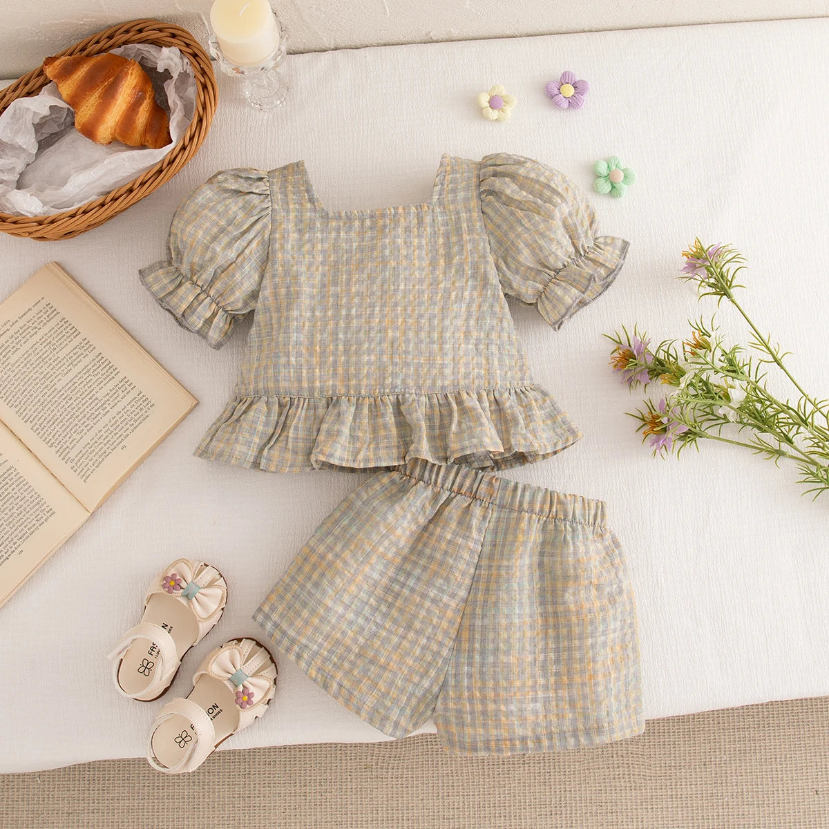 Girls Casual Clothes Outing Summer Baby Girl Colorful Plaid Cotton Set