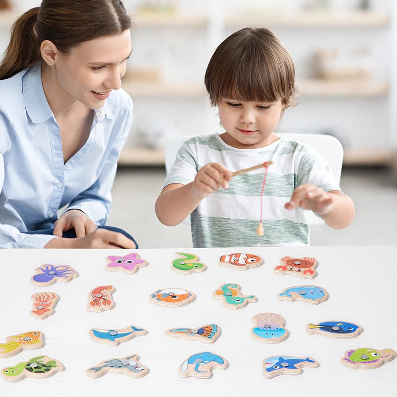 Montessori Wooden Magnetic Fishing Toy Marine Life Cognition Fish