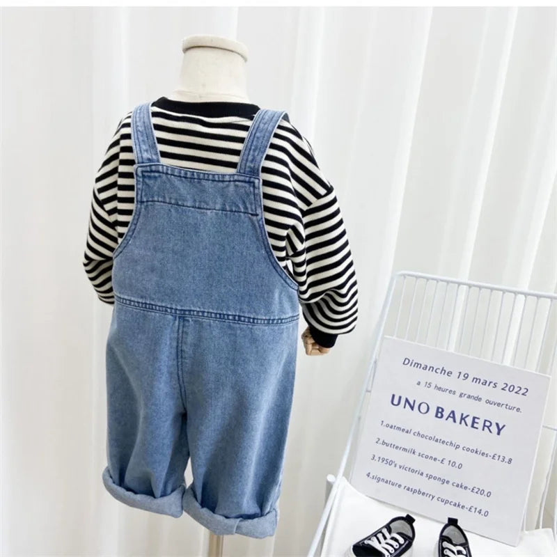 Boys Backpack Pants Children's Solid Color Denim Jumpsuit Spring Autumn