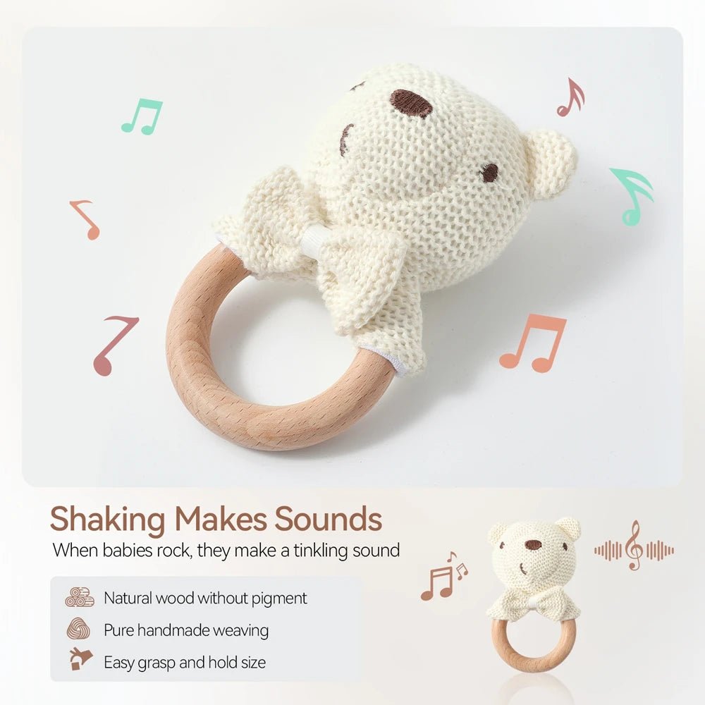 Baby Rattle Toy Bear Crochet Animal Toy Cartoon Wooden Teether Baby