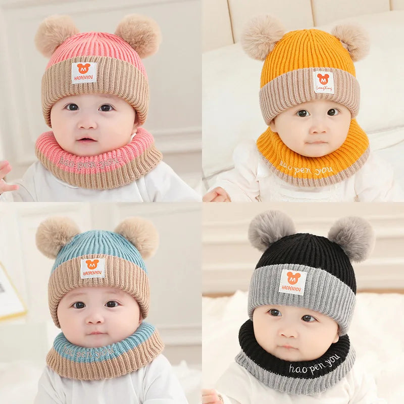 Baby Hat Scarf Set Bear Warm Knitted Children Winter Hat Cap Bonnet