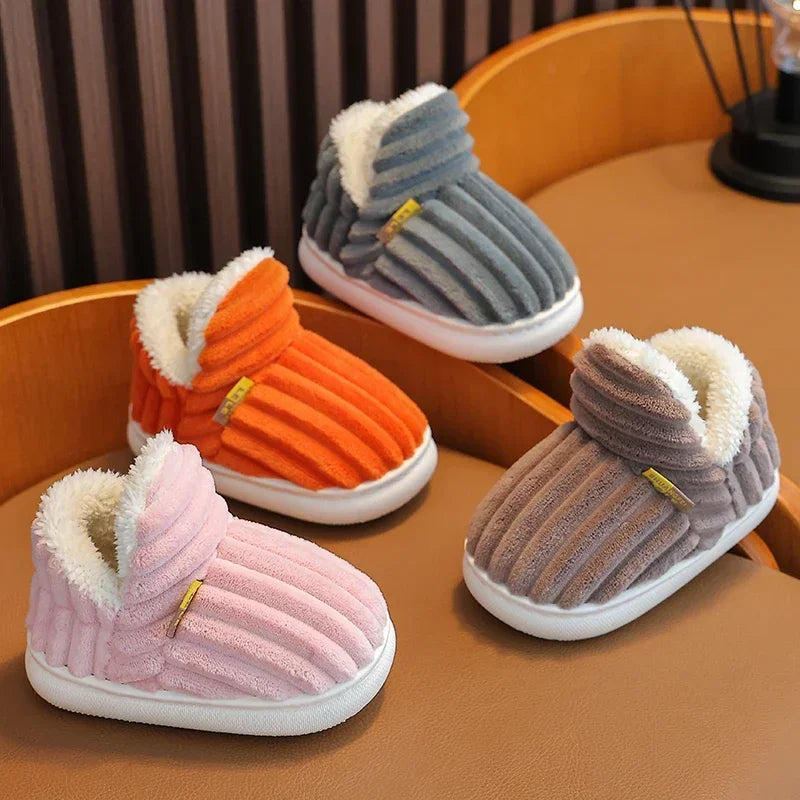 Winter Simplicity Stripe Plush Slippers Children's Non-slip Soft Sole