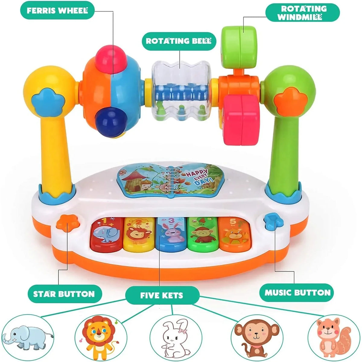 Baby Piano Toys Kids Rotating Music Keyboard Light Sound, Musical Toy