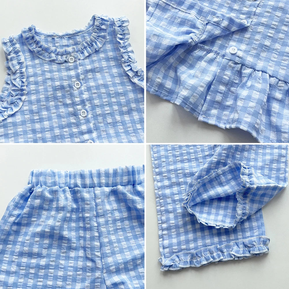 Pink Girl's Summer Two-piece Set with Single Breasted Sleeveless Top