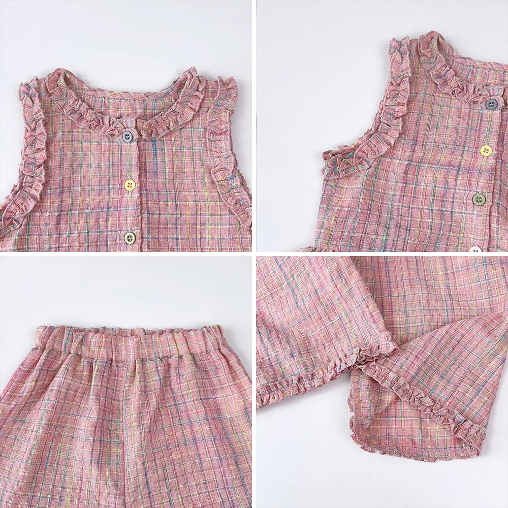 Pink Girl's Summer Two-piece Set with Single Breasted Sleeveless Top