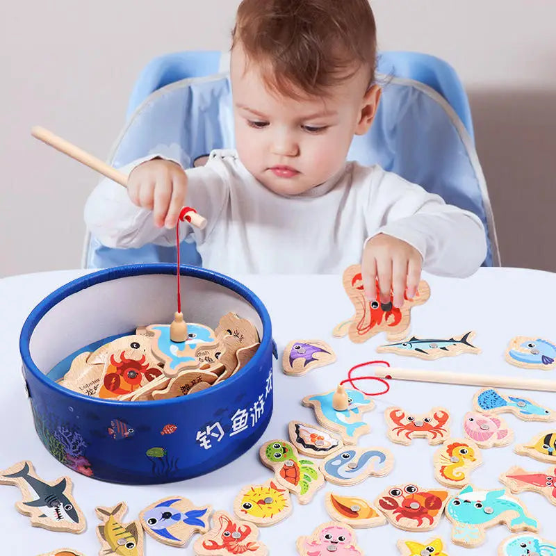 Montessori Wooden Magnetic Fishing Toy Marine Life Cognition Fish