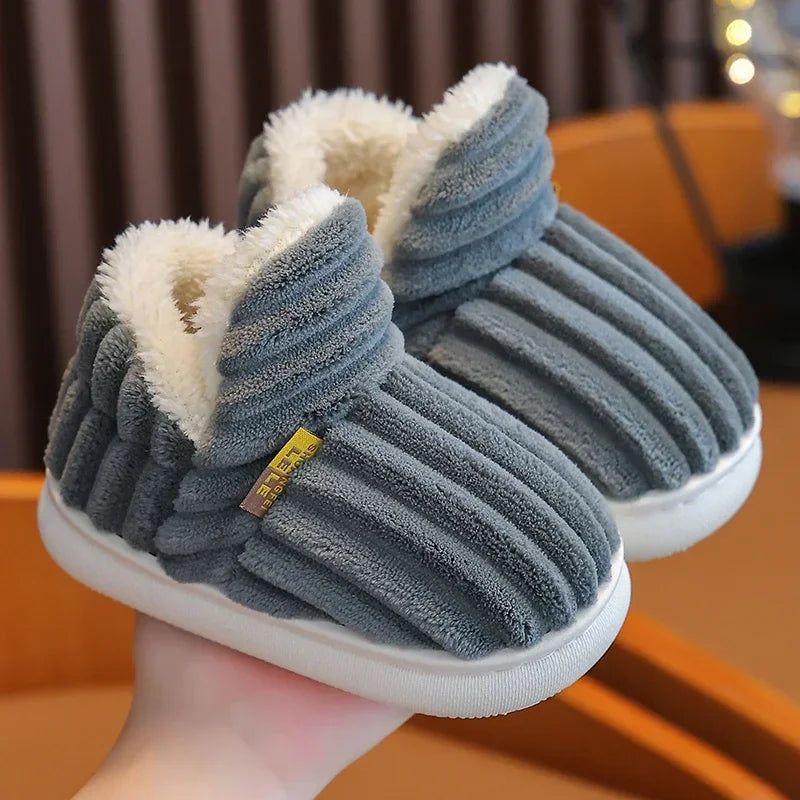 Winter Simplicity Stripe Plush Slippers Children's Non-slip Soft Sole
