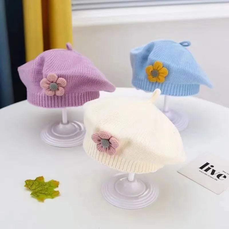 Flower Baby Beret Hat Winter Warm Knitted Beanie Cap for Infant Girls