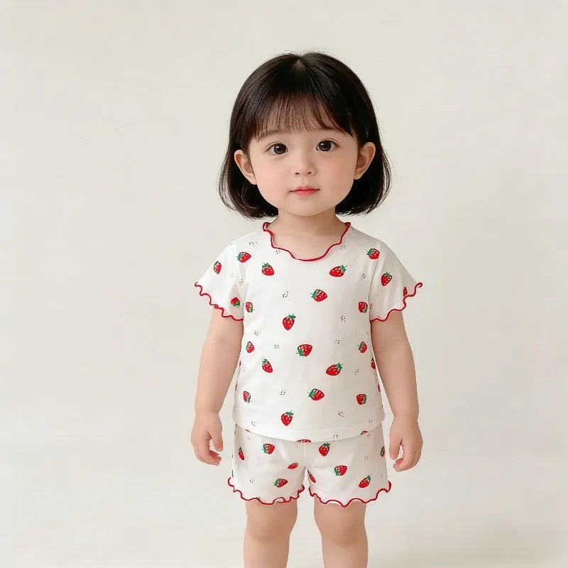 Baby Girl Strawberry Pajamas Set Summer Short Sleeve Thin Two Piece