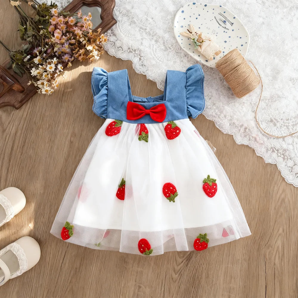 Baby Girl Dress Summer Cherry Mesh Girl's Dress Cute Beach Baby Dress