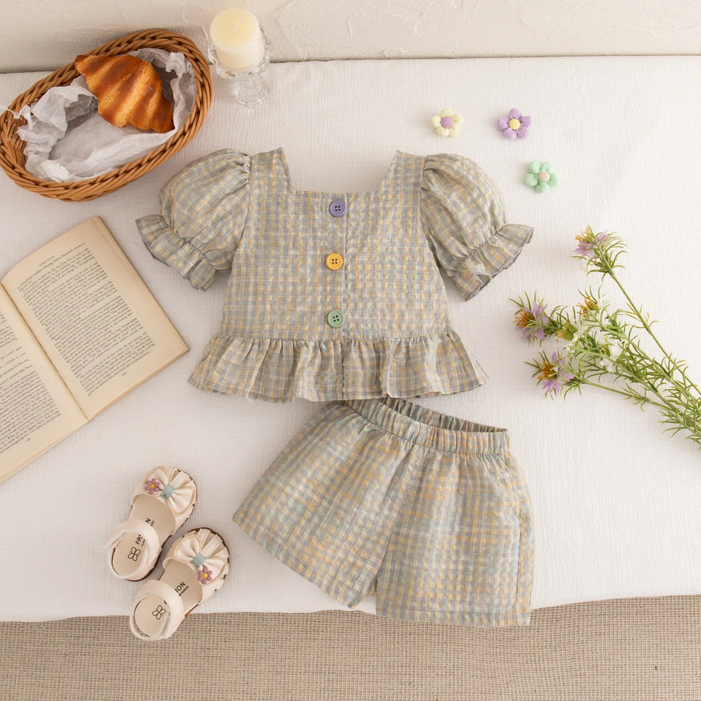 Girls Casual Clothes Outing Summer Baby Girl Colorful Plaid Cotton Set