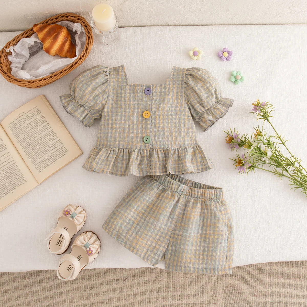 Girls Casual Clothes Outing Summer Baby Girl Colorful Plaid Cotton Set