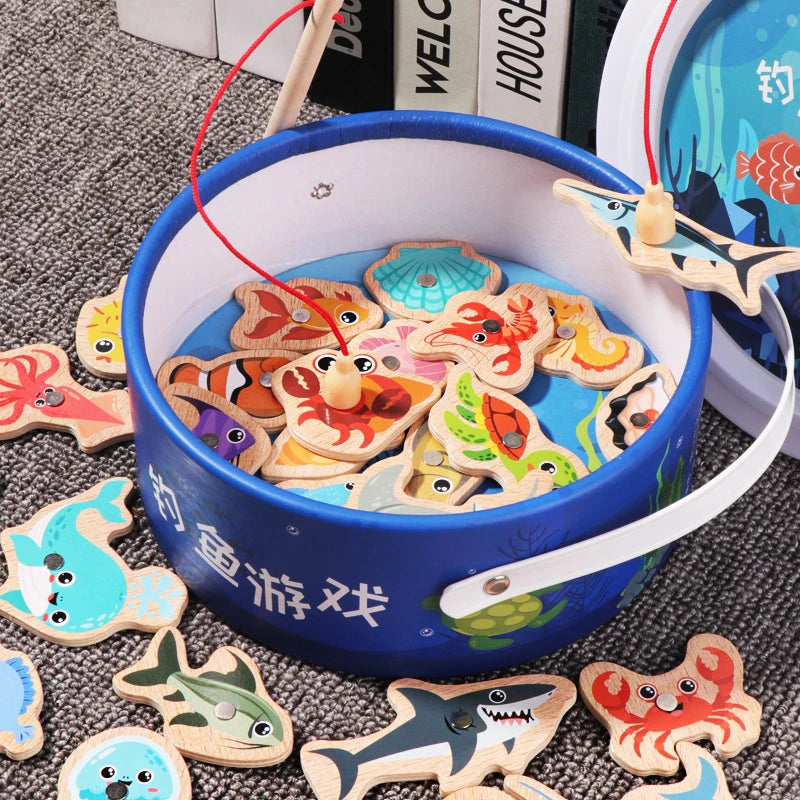 Montessori Wooden Magnetic Fishing Toy Marine Life Cognition Fish