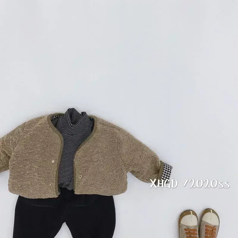Autumn and Winter Warm Jacket Children Two Sides Wear Plaid Plush