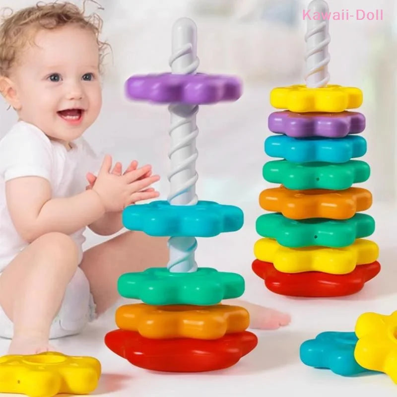 Baby Spinning Stacking Puzzle Toy Montessori Rotating Rainbow Tower