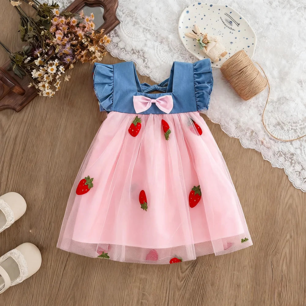 Baby Girl Dress Summer Cherry Mesh Girl's Dress Cute Beach Baby Dress