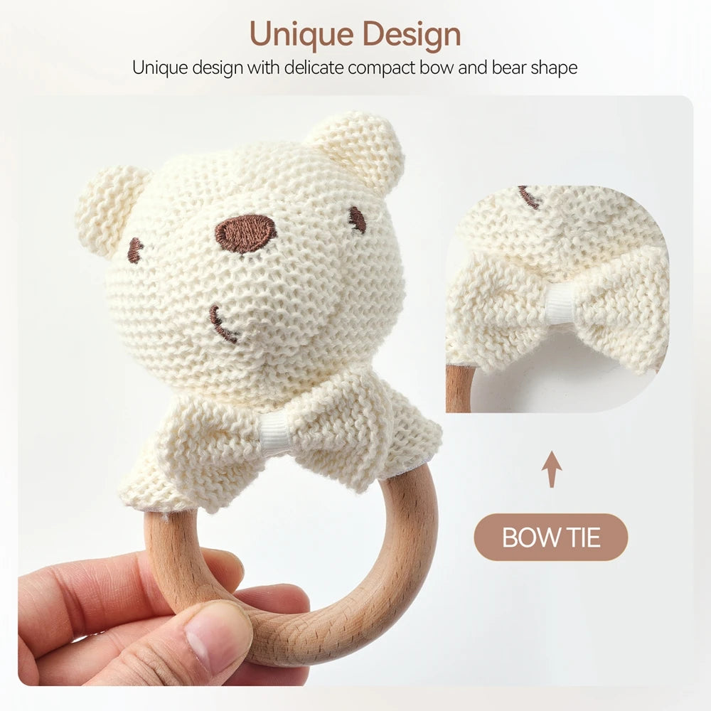 Baby Rattle Toy Bear Crochet Animal Toy Cartoon Wooden Teether Baby