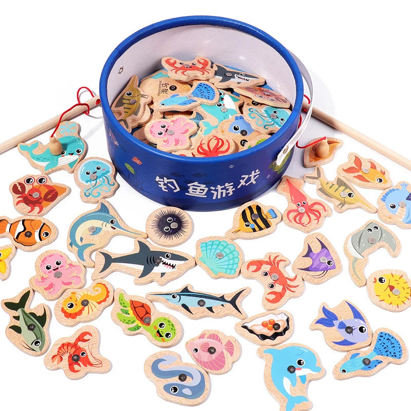Montessori Wooden Magnetic Fishing Toy Marine Life Cognition Fish