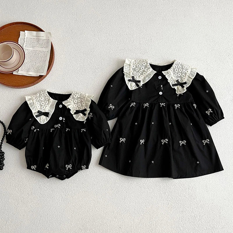 Kids Baby Girls Long Sleeve Sweet Embroider Sisters Rompers Spring
