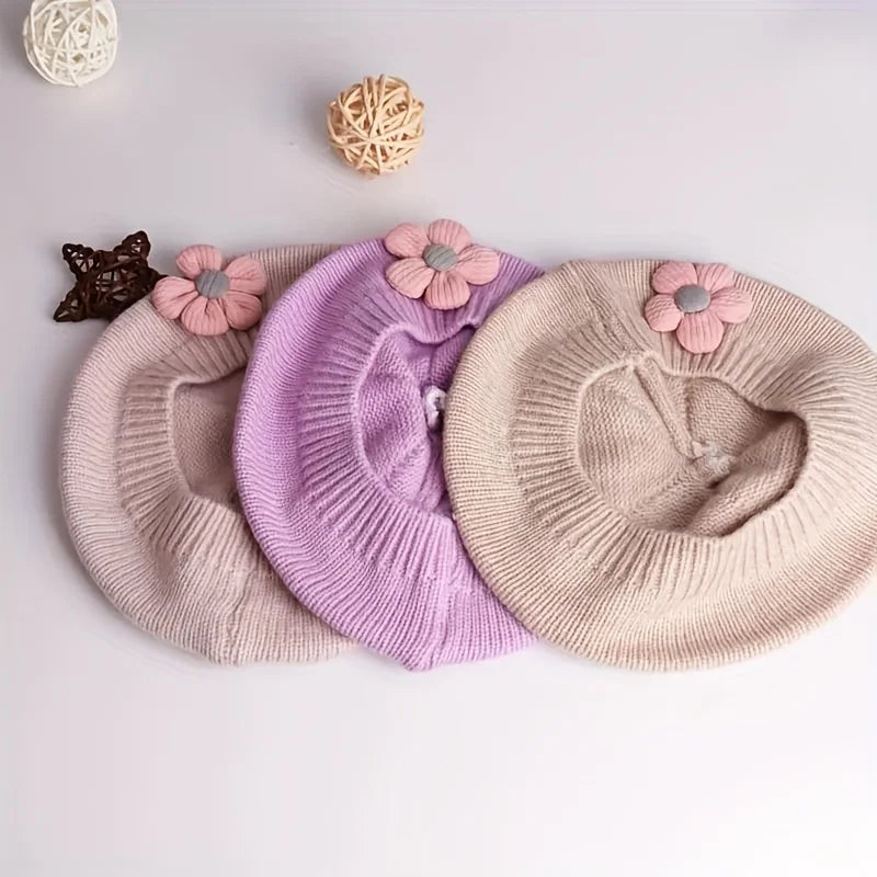 Flower Baby Beret Hat Winter Warm Knitted Beanie Cap for Infant Girls
