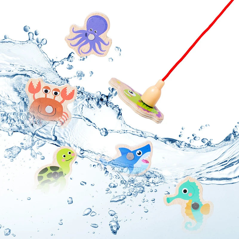 Montessori Wooden Magnetic Fishing Toy Marine Life Cognition Fish