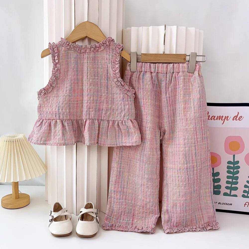 Pink Girl's Summer Two-piece Set with Single Breasted Sleeveless Top