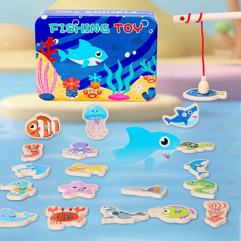 Montessori Wooden Magnetic Fishing Toy Marine Life Cognition Fish