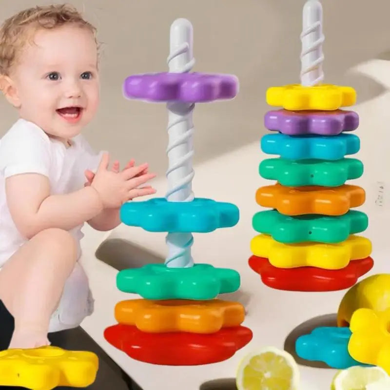 Baby Montessori Rotating Rainbow Tower Spinning & Stacking Puzzle Toy