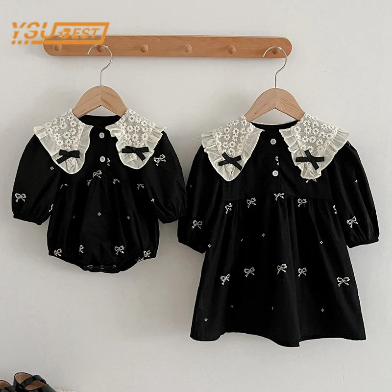 Kids Baby Girls Long Sleeve Sweet Embroider Sisters Rompers Spring