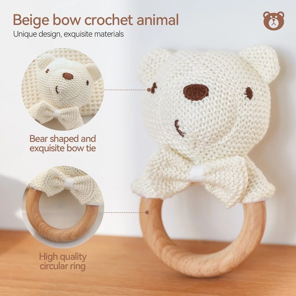 Baby Rattle Toy Bear Crochet Animal Toy Cartoon Wooden Teether Baby