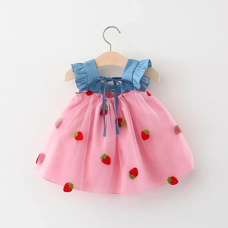 Baby Girl Dress Summer Cherry Mesh Girl's Dress Cute Beach Baby Dress
