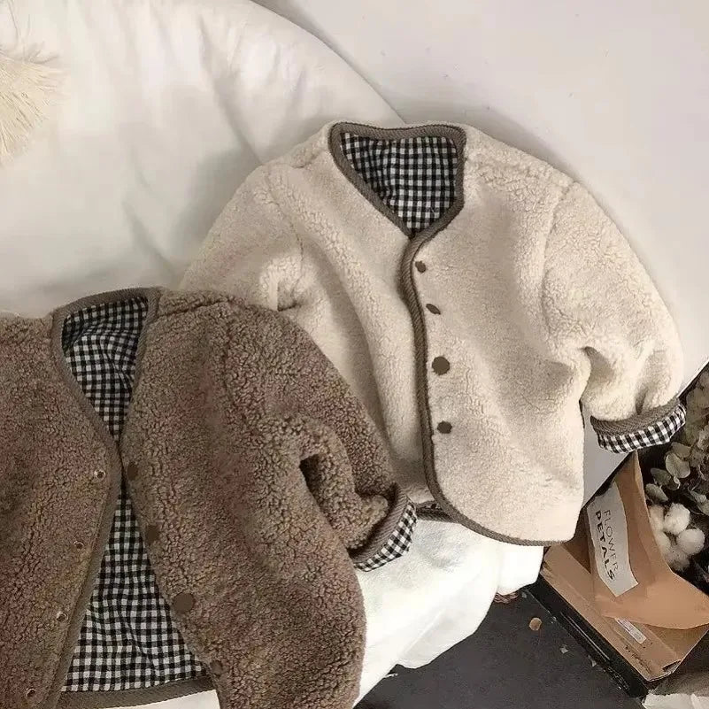 Autumn and Winter Warm Jacket Children Two Sides Wear Plaid Plush